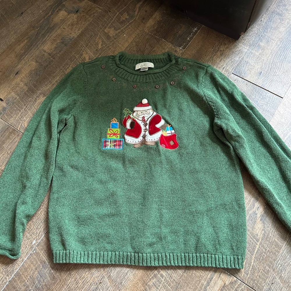 Christopher & Banks Petite Green Santa‎ Embroidered Christmas Sweater P/L